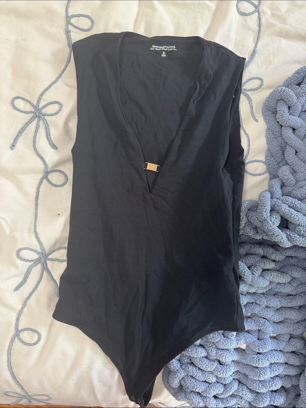 Abercrombie & Fitch Black Sleeveless V-Neck Bodysuit with Gold Accent